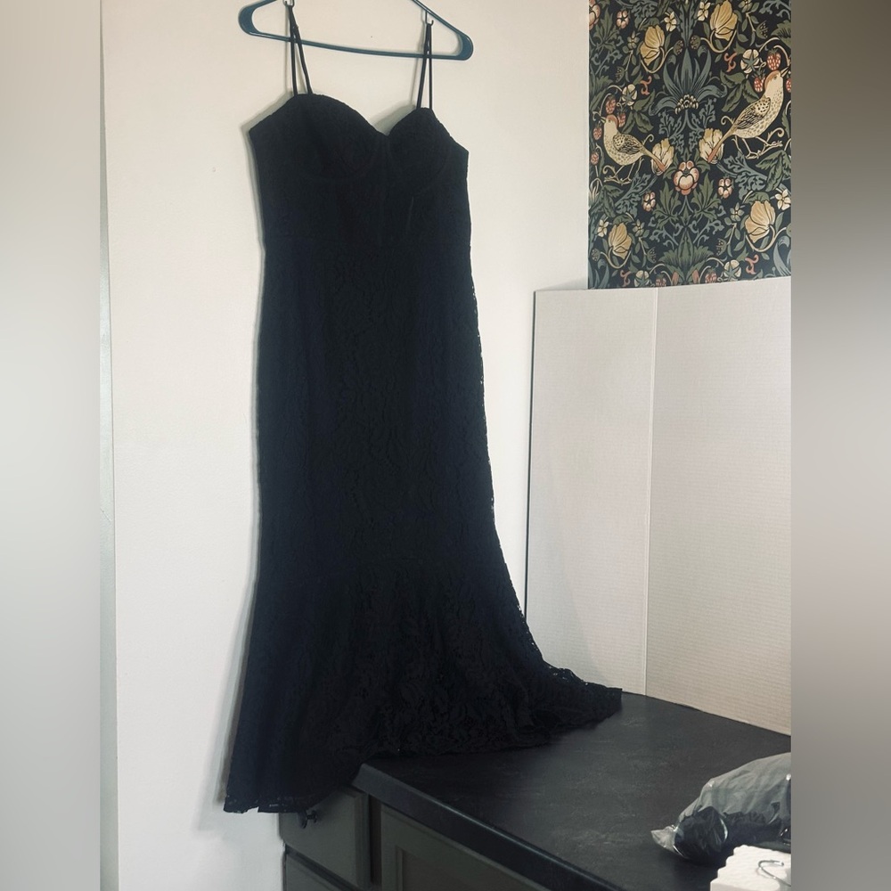 Lulu’s women’s black lace bustier corset cami midi mermaid dress Sz L stretch